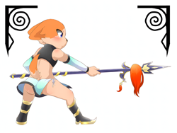 Size: 2000x1500 | Tagged: suggestive, artist:shinobidx, canid, mammal, anthro, boy, cub, male, solo boy, solo cub, solo male, young, action pose, blue eyes, blushing, butt, fur, kemono, kemoshota, orange fur, solo, spear, tail, tan fur, weapon