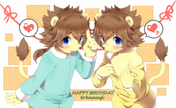 Size: 1307x807 | Tagged: safe, artist:shinobidx, oc:kasasagi, big cat, felid, lion, mammal, boy, boys only, cub, cubs only, male, males only, young, blue eyes, blue fur, duo, fur, kemono, kemoshota, nipples, undressing, undressing self, yellow fur