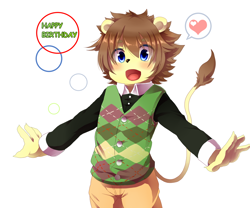 Size: 1000x833 | Tagged: safe, artist:shinobidx, oc:kasasagi, big cat, felid, lion, mammal, anthro, boy, cub, male, solo boy, solo cub, solo male, young, birthday, blue eyes, blushing, brown fur, clothing, fully clothed, fur, kemono, kemoshota, looking at you, open mouth, smiling, smiling at you, solo, tail, tan fur, vest
