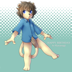 Size: 1000x1000 | Tagged: safe, artist:shinobidx, oc:kasasagi, big cat, felid, lion, mammal, anthro, boy, cub, male, solo boy, solo cub, solo male, young, blue eyes, bottomless, brown fur, clothing, fur, kemono, kemoshota, solo, tail, tan fur