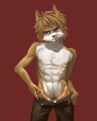 Size: 600x750 | Tagged: suggestive, artist:7key, canid, dog, fox, mammal, anthro, athletic, boy, cub, male, muscular, solo boy, solo male, solo teen, teen, young, ai enhanced, abs, brown eyes, brown fur, clothing, fur, kemono, kemoshota, looking at you, navel, nipples, pants, solo, topless, undressing, undressing self, v lines, v-cut
