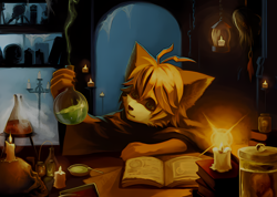 Size: 3200x2284 | Tagged: safe, artist:7key, canid, fox, mammal, anthro, boy, cub, male, solo boy, solo cub, solo male, young, ai enhanced, antenna hair, beaker, bone, book, bowl, candle, fetus, fire, fur, green eyes, hair, jar, kemono, kemoshota, lamp, lantern, magic, orange fur, potion, scientific instrument, shrunken head, skull, solo