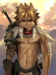 Size: 1800x2400 | Tagged: safe, artist:7key, canid, dog, mammal, anthro, boy, male, slender, solo boy, solo male, solo teen, teen, twink, young, ai enhanced, abs, armor, black eyes, clothing, collar, fur, hair, looking at you, navel, nipples, outdoors, pauldron, pecs, scar, sheathed weapon, short hair, skimpy outfit, sky, solo, sword, tan fur, topless, weapon