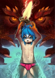 Size: 1060x1488 | Tagged: safe, artist:7key, canid, dragon, mammal, mythological creature, anthro, boy, cub, feral, male, solo boy, solo cub, solo male, young, amber eyes, blue eyes, blue hair, bone, claws, clothing, duo, hair, kemono, kemoshota, looking at you, nipples, posing, skull, solo focus, standing, sword, tail, topless, underwear, weapon