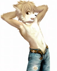 Size: 1600x2000 | Tagged: suggestive, artist:7key, canid, fox, mammal, anthro, athletic, boy, cub, male, young, ai enhanced, belt, body hair, chest tuft, clothing, denim clothing, fur, hair, hands behind head, jeans, kemono, kemoshota, looking at you, nipples, open fly, open mouth, pants, short hair, smiling, solo, tan fur, tan hair, topless, unbuttoned pants, white fur