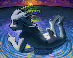 Size: 2000x1600 | Tagged: safe, artist:leglegleg, goat, mammal, ungulate, anthro, boy, cub, male, plantigrade, solo boy, solo cub, solo male, young, butt, feet, horns, nudity, outdoors, sky, solo, sunset, water