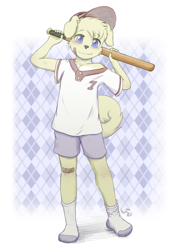 Size: 3410x4873 | Tagged: safe, artist:khaimera, canid, dog, mammal, anthro, boy, cub, male, young, alternate version, 2021, bandage, bandage on knee, bandage on leg, baseball bat, blue eyes, clothing, floppy ears, fur, looking at you, shorts, smiling, socks, socks without shoes, solo, tail, yoke pose