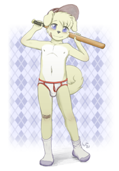 Size: 3410x4873 | Tagged: suggestive, artist:khaimera, canid, dog, mammal, anthro, boy, cub, male, solo boy, solo cub, solo male, young, alternate version, bandage, bandage on knee, bandage on leg, baseball bat, blue eyes, bulge, clothing, floppy ears, fur, looking at you, smiling, socks, socks without shoes, solo, tail, underwear, yoke pose