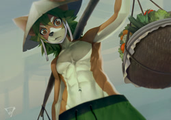 Size: 1477x1040 | Tagged: safe, artist:7key, mammal, anthro, athletic, boy, cub, male, muscular, solo boy, solo male, solo teen, teen, young, abs, asian conical hat, basket, brown eyes, brown fur, carrot, carrying pole, clothing, cucumber, food, fruit, fur, hair, kemono, kemoshota, lettuce, looking at you, looking down, looking down at you, navel, pecs, plant, rope, shorts, solo, standing, tomato, topless, v-cut, vegetable, yoke pose