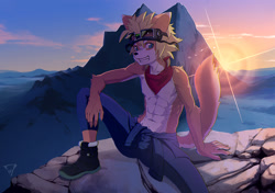 Size: 1772x1248 | Tagged: safe, artist:7key, mammal, anthro, male, muscular, plantigrade, solo teen, teen, young, 5 fingers, abs, blonde hair, blue eyes, clothing, denim clothing, fingers, fur, goggles, goggles on head, hair, jeans, lens flare, nipples, open legs, orange fur, outdoors, pants, scarf, shoes, sitting, smiling, solo, spreading, topless, v-cut, white fur