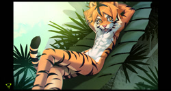 Size: 1262x669 | Tagged: safe, artist:7key, big cat, felid, mammal, tiger, anthro, athletic, boy, cub, male, muscular, solo boy, solo cub, solo male, young, abs, brown eyes, crossed legs, fur, hands behind head, kemono, kemoshota, lying, navel, nudity, on back, open mouth, orange fur, outdoors, pecs, solo, stripes, white fur