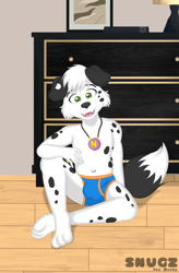 Size: 800x1216 | Tagged: safe, artist:snugz the husky, canid, dalmatian, dog, anthro, boy, cub, male, solo boy, solo cub, solo male, young, black fur, bulge, clothing, colored briefs, fur, indoors, looking at you, solo, underwear, white fur