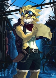 Size: 739x1024 | Tagged: safe, artist:7key, canid, dog, mammal, anthro, athletic, boy, male, slender, solo boy, solo male, solo teen, teen, twink, young, backpack, belt, blonde hair, chain, cheek tuft, clothing, cloud, daytime, denim clothing, detailed background, explorer, fur, goggles, goggles on head, hair, kemono, kerchief, knife, navel, neckerchief, outdoors, parchment, ruins, scabbard, sheathed knife, sheathed weapon, shorts, sky, solo, standing, v-cut, wallet chain, water, white fur, yellow eyes, yellow fur