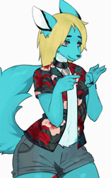 Size: 376x600 | Tagged: safe, artist:yabeweny, oc:surfal, canid, fox, mammal, anthro, boy, femboy, male, slender, solo boy, solo male, solo teen, teen, twink, young, sex gesture, solo, suggestive gesture