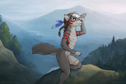 Size: 1600x1075 | Tagged: suggestive, artist:zaush, oc:tanta (zaush), canid, mammal, wolf, anthro, cub, female, girl, solo female, solo girl, solo teen, teen, young, bandage, bodypaint, braided hair, breasts, brown eyes, casual nudity, detailed background, facial paint, flat breasts, fur, gray fur, hair, humanoid hands, kneeling, nipples, nudity, outdoors, plant, small breasts, solo, text, tree, tribal, tribal markings, white fur