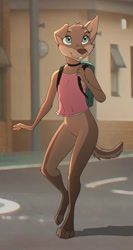 Size: 636x1200 | Tagged: suggestive, artist:zaush, oc:cynthia (zaush), canid, dog, mammal, anthro, cub, female, girl, solo cub, solo female, solo girl, teen, young, 4 fingers, 4 toes, backpack, blue eyes, blurred background, bottomless, bottomless district, brown fur, clothing, collar, daytime, detailed background, eyebrows, featureless chest, featureless crotch, feet, fingers, flat breasts, fur, navel, on one leg, one ear up, outdoors, shadow, smiling, solo, standing, street scene, tail, toes, walking