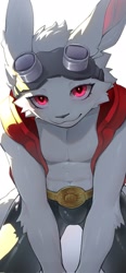Size: 947x2048 | Tagged: safe, artist:sssshark, king kazma, lagomorph, mammal, rabbit, anthro, boy, male, slender, solo boy, solo male, solo teen, teen, twink, young, summer wars, belt, clothing, fur, goggles, goggles on head, looking at you, navel, purple eyes, red eyes, smiling, smiling at you, solo, vest, white fur