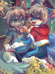 Size: 1536x2048 | Tagged: safe, artist:coooky, oc:coke (colawolf7), canid, mammal, wolf, anthro, boy, boys only, cub, cubs only, male, male/male, males only, young, blue eyes, blue fur, claws, clothing, duo, fur, gray fur, hair, hoodie, kemono, kemoshota, looking at you, one eye closed, open mouth, pawpads, plant, smiling, winking, winking at you