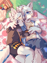 Size: 1536x2048 | Tagged: safe, artist:coooky, canid, mammal, anthro, anthro/anthro, boy, boy/boy, cub, cub/cub, male, male/male, young, young/young, basket, bedding, blanket, blue eyes, clothing, cuddling, denim clothing, duo, eyes closed, fur, furgonomics, hair, hoodie, horn, jacket, jeans, jewelry, kemono, kemoshota, necklace, open jacket, pants, picnic basket, shorts, sleeping, white fur