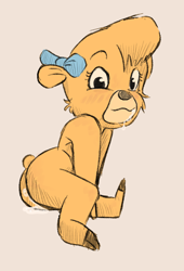Size: 1906x2804 | Tagged: safe, artist:tabloi, molly cunningham, bear, mammal, ursine, anthro, cub, female, girl, plantigrade, solo cub, solo female, solo girl, young, disney, talespin, bow, butt, fur, hair bow, nervous, nudity, solo