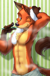 Size: 1170x1800 | Tagged: safe, artist:raizinndx, nick wilde, canid, fox, mammal, red fox, anthro, athletic, boy, male, solo boy, solo male, solo teen, teen, young, zootopia, 4 fingers, abs, biceps, brushing teeth, chest tuft, clothing, drying off, fingers, fur, glove markings, green eyes, looking at you, navel, one eye closed, pecs, shorts, solo, standing, steam, toothbrush, topless, towel, wet, winking