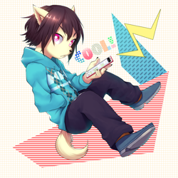 Size: 1500x1500 | Tagged: safe, artist:raizinndx, canid, dog, mammal, anthro, boy, cub, male, solo boy, solo cub, solo male, young, clothing, hair, hoodie, kemono, kemoshota, mobile phone, pants, phone, pink eyes, short hair, solo