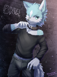 Size: 1200x1600 | Tagged: safe, artist:ivan-jhang, shirou ogami, canid, mammal, wolf, anthro, boy, cub, male, solo boy, solo male, solo teen, teen, young, bna: brand new animal, 5 fingers, bulge, claws, clothing, collar, fingers, fur, green fur, looking at you, one eye closed, outdoors, solo, standing, white fur