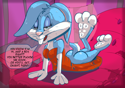 Size: 3508x2480 | Tagged: safe, artist:yple, buster bunny, rabbit, boy, cub, male, solo boy, solo cub, solo male, young, tiny toon adventures, bed, blue fur, buckteeth, butt, crossdressing, dialogue, dress, english text, fur, looking at you, lying, on bed, paws, smiling, solo, talking to you, whiskers, white fur