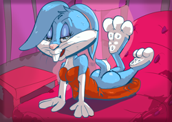 Size: 3508x2480 | Tagged: safe, artist:yple, buster bunny, lagomorph, mammal, rabbit, boy, cub, male, solo boy, solo cub, solo male, young, tiny toon adventures, alternate version, bed, blue fur, buckteeth, butt, crossdressing, dress, fur, looking at you, lying, on bed, paws, smiling, solo, whiskers, white fur
