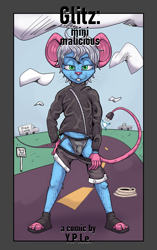 Size: 1885x3000 | Tagged: suggestive, artist:yple, oc:glitz (yple), android, mammal, mouse, rodent, anthro, boy, cub, male, plantigrade, blue fur, buckteeth, bulge, clothing, cover page, daytime, english text, fur, green eyes, hair, jacket, jockstrap, looking at you, outdoors, shorts, smiling, tail, underwear, undressing