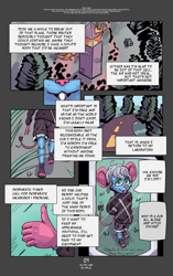 Size: 1885x3000 | Tagged: safe, artist:yple, oc:glitz (yple), android, mammal, mouse, rodent, anthro, boy, cub, male, plantigrade, young, blue fur, buckteeth, clothing, daytime, english text, fur, green eyes, hair, jacket, outdoors, shorts, smiling, tail