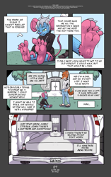 Size: 1885x3000 | Tagged: suggestive, artist:yple, oc:glitz (yple), android, canid, fox, mammal, mouse, red fox, rodent, adult, adult/cub, adult/young, anthro, boy, cub, male, male/male, man, man/boy, plantigrade, young, age difference, bare mattress, blue fur, buckteeth, bulge, clothing, daytime, duo, english text, fur, green eyes, hair, jacket, outdoors, shorts, smiling, tail, van, vehicle