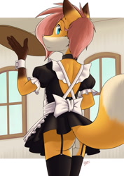 Size: 723x1024 | Tagged: suggestive, artist:kiyochii, oc:kiyochii, canid, fox, mammal, red fox, boy, femboy, male, solo boy, solo male, solo teen, teen, young, alternate version, butt, crossdressing, skirt, solo, stockings, waiter