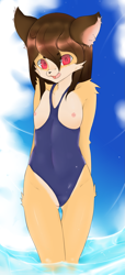 Size: 1087x2377 | Tagged: suggestive, artist:katlek, canid, fox, mammal, cub, female, girl, solo cub, solo female, solo girl, young, clothing, flat breasts, fur, looking at you, nipples, one-piece swimsuit, partially submerged, red eyes, solo, swimsuit, swimwear, water, wet, yellow fur