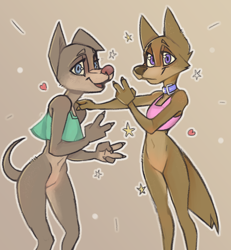 Size: 1208x1305 | Tagged: suggestive, artist:katlek, oc only, oc:cynthia (zaush), oc:taylor knight, canid, coyote, dog, mammal, anthro, anthro/anthro, cub, cub/cub, cubs only, female, female/female, girl, girl/girl, girls only, young, young/young, series:airedale, blue eyes, bottomless, brown fur, clothing, duo, featureless crotch, navel, purple eyes, smiling, standing