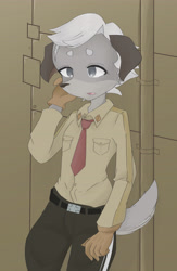 Size: 3252x4978 | Tagged: safe, artist:futatsuchi, britz strudel, canid, caninu, doberman, dog, mammal, pinscher, anthro, boy, cub, male, solo boy, solo cub, solo male, young, fuga: melodies of steel, little tail bronx, belt, clothing, fur, gloves, military uniform, necktie, open mouth, pants, solo, uniform