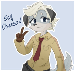 Size: 1557x1463 | Tagged: safe, artist:futatsuchi, britz strudel, canid, caninu, doberman, dog, mammal, pinscher, anthro, boy, cub, male, solo boy, solo cub, solo male, young, fuga: melodies of steel, little tail bronx, clothing, fur, gesture, gray fur, hair, kemono, kemoshota, military uniform, necktie, scar, solo, text, uniform, v sign