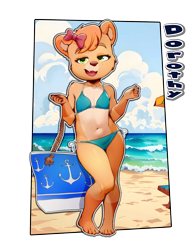 Size: 2000x2550 | Tagged: safe, artist:sicmop, oc:dorothy (bondagecub), bear, mammal, ursine, anthro, cub, female, girl, plantigrade, solo cub, solo female, solo girl, young, beach, bikini, bow, clothing, full-length portrait, fur, looking at you, sand, smiling, solo, swimsuit, tan fur, tan hair, transparent background, two-piece swimsuit, water