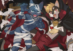 Size: 2122x1500 | Tagged: safe, artist:ku-n, oc:kun blackcat, oc:matches, canid, cat, dog, felid, mammal, shiba inu, anthro, boy, cub, male, teen, young, halloween, holiday, 5 fingers, blushing, clothing, duo, eyebrows, fingers, green eyes, kemono, kemoshota, mummy costume, open mouth, shorts, tail, tongue, tongue out, vampire costume