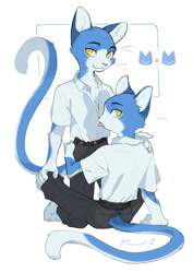 Size: 1414x2000 | Tagged: safe, artist:ku-n, cat, felid, mammal, anthro, anthro/anthro, boy, boy/boy, cub, male, male/male, teen, teen/teen, young, young/young, belt, blep, blue fur, businesswear, claws, clothing, dress shirt, duo, fur, furgonomics, hand on hip, kemono, kemoshota, kneeling, leaning back, looking at you, looking back, open shirt, pants, paws, raised tail, selfcest, sitting, smiling, tail, tongue, tongue out, whiskers, white fur, yellow eyes
