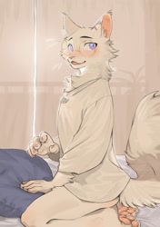 Size: 1444x2048 | Tagged: safe, artist:ku-n, cat, felid, mammal, anthro, boy, male, solo boy, solo male, solo teen, teen, young, bed, blushing, bottomless, claws, clothing, feet, fluffy tail, fur, glasses, jewelry, kemono, looking at you, necklace, on bed, open mouth, pawpads, paws, pillow, purple eyes, sitting, solo, tail, toe claws, toes, whiskers, white fur