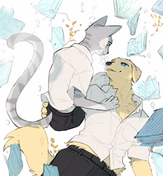 Size: 2323x2500 | Tagged: safe, artist:ku-n, canid, cat, dog, felid, labrador, mammal, adult, adult/cub, adult/young, anthro, anthro/anthro, boy, cub, male, male/male, man, man/boy, age difference, blue eyes, blushing, book, claws, clothing, duo, fang, furgonomics, green eyes, hand on butt, heart, hug, kemono, leaning forward, looking at another, looking at each other, lying, narrowed eyes, on back, open mouth, pants, romantic, romantic ambiance, sitting, smiling, tail, teeth, underwater, water