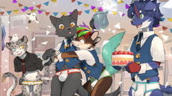Size: 2701x1500 | Tagged: suggestive, artist:ku-n, oc:kun blackcat, avian, big cat, bird, canid, dog, felid, mammal, snow leopard, anthro, anthro/anthro, boy, boy/boy, cub, feral, male, male/male, teen, teen/teen, young, young/young, 5 fingers, birthday cake, birthday party, black fur, blue eyes, blue fur, bulge, cake, clothing, dessert, fingers, floppy ears, food, fur, gray fur, green eyes, group, heterochromia, holding teapot, kemono, open mouth, smiling, tail, teapot, tongue, tongue out, underwear, undressing, undressing self, wings, yellow eyes