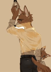 Size: 1131x1600 | Tagged: safe, artist:ku-n, canid, mammal, wolf, adult, adult/cub, adult/young, anthro, anthro/anthro, boy, cub, male, male/male, man, man/boy, young, age difference, belt, brown fur, clothing, dress shirt, duo, fur, hand holding, hiding behind another, kemono, looking at another, pants, rear view, shy, standing, tail