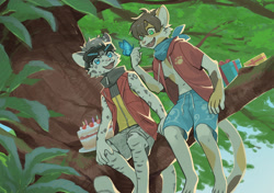 Size: 1703x1200 | Tagged: safe, artist:ku-n, arthropod, big cat, butterfly, calico, cat, felid, feline, insect, lepidopteran, mammal, snow leopard, anthro, cub, feral, male, young, 5 fingers, birthday cake, blue eyes, cake, clothing, dessert, fingers, food, green eyes, group, hair, kemono, open mouth, plant, shorts, smiling, tail, tree, trio, wings