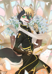 Size: 2480x3508 | Tagged: safe, artist:ku-n, oc:matches, canid, dog, mammal, shiba inu, anthro, boy, male, slender, solo boy, solo male, solo teen, teen, twink, young, clothing, fingers, flower, green eyes, kemono, open mouth, plant, smiling, solo, tail