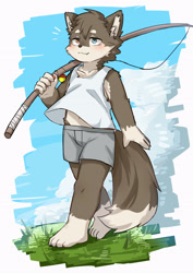 Size: 2894x4093 | Tagged: safe, artist:kitune1tu, canid, mammal, wolf, anthro, boy, cub, male, solo boy, solo cub, solo male, young, amber eyes, blue eyes, brown fur, chest tuft, clothing, fang, fishing rod, fully clothed, fur, glove markings, hair, heterochromia, kemono, kemoshota, navel, posing, pupils, shorts, socks markings, solo, tank top, teeth, white fur