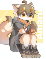 Size: 2962x3786 | Tagged: safe, artist:ka_kuwu, canid, fox, mammal, anthro, boy, cub, male, solo boy, solo cub, solo male, young, 4 fingers, 4 toes, blushing, cheek tuft, claws, clothing, crouching, dipstick tail, feet, fingers, fully clothed, fur, furgonomics, glove markings, hair, hoodie, horn, kemono, posing, short sleeve hoodie, shorts, solo, tail, tan fur, text, toes, white fur, yellow eyes