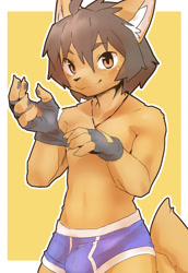 Size: 1205x1748 | Tagged: safe, artist:pu_sukebe, canid, mammal, anthro, athletic, boy, cub, male, solo boy, solo cub, solo male, teen, young, amber eyes, blushing, bulge, claws, clothing, eyebrows, fingerless gloves, fluffy tail, fur, gloves, hair, jewelry, kemono, kemoshota, looking at you, mouth closed, necklace, orange fur, pendant, smiling, solo, tail, underwear