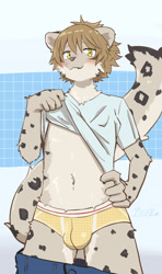 Size: 2160x3640 | Tagged: safe, artist:jinbuuck, big cat, felid, mammal, snow leopard, anthro, boy, cub, male, solo boy, solo male, solo teen, teen, young, 5 fingers, blushing, brown fur, bulge, clothing, detailed bulge, fang, fingers, fur, gray fur, hair, hand on hip, kemono, kemoshota, looking at you, navel, pants, shirt lift, short hair, solo, tail, teeth, underwear, undressing, undressing self, white fur, yellow eyes